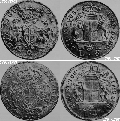 4 e 8 lire genovesi, stemma vecchio e nuovo